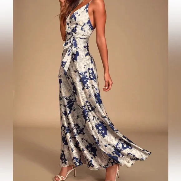 Tea Gardens Navy Blue Floral Print Satin Lulus Maxi Dres - Picture 2 of 6